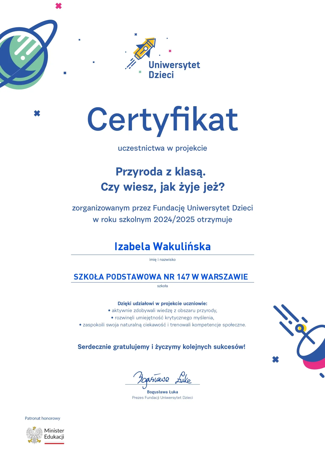Certyfikat ukończenia projektu ogólnopolskiego