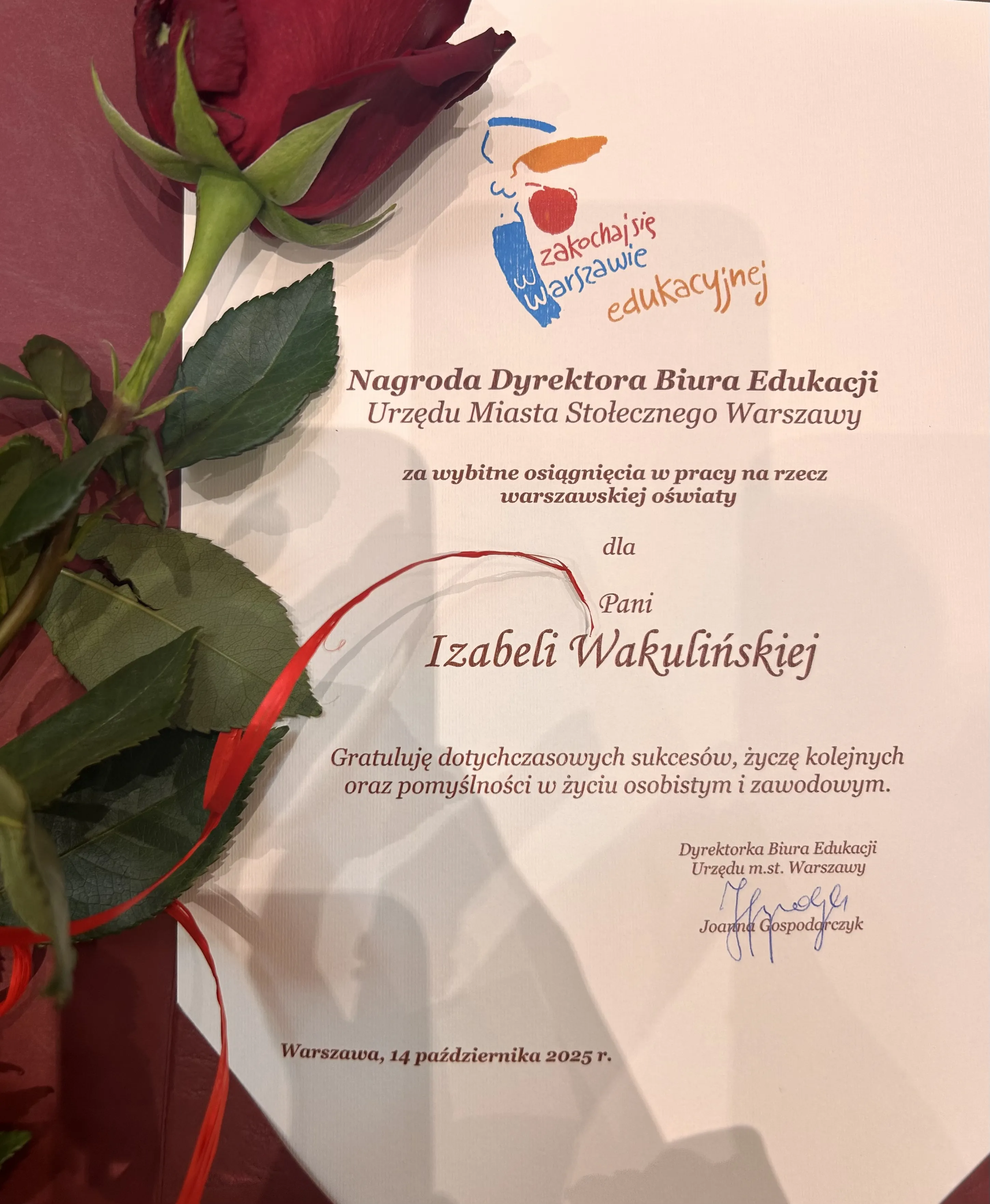 Dyplom - nagroda Dyrektora Biura Edukacji dla Izabeli Wakulińskiej