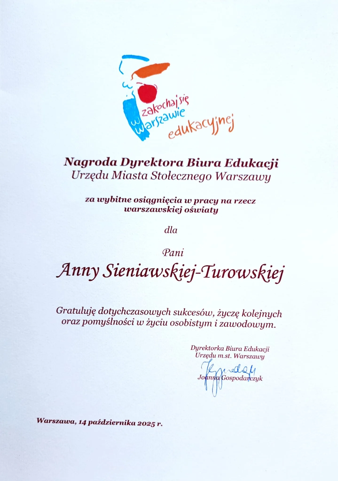 Dyplom - nagroda Dyrektora Biura Edukacji dla Anny Sieniawskiej-Turowskiej