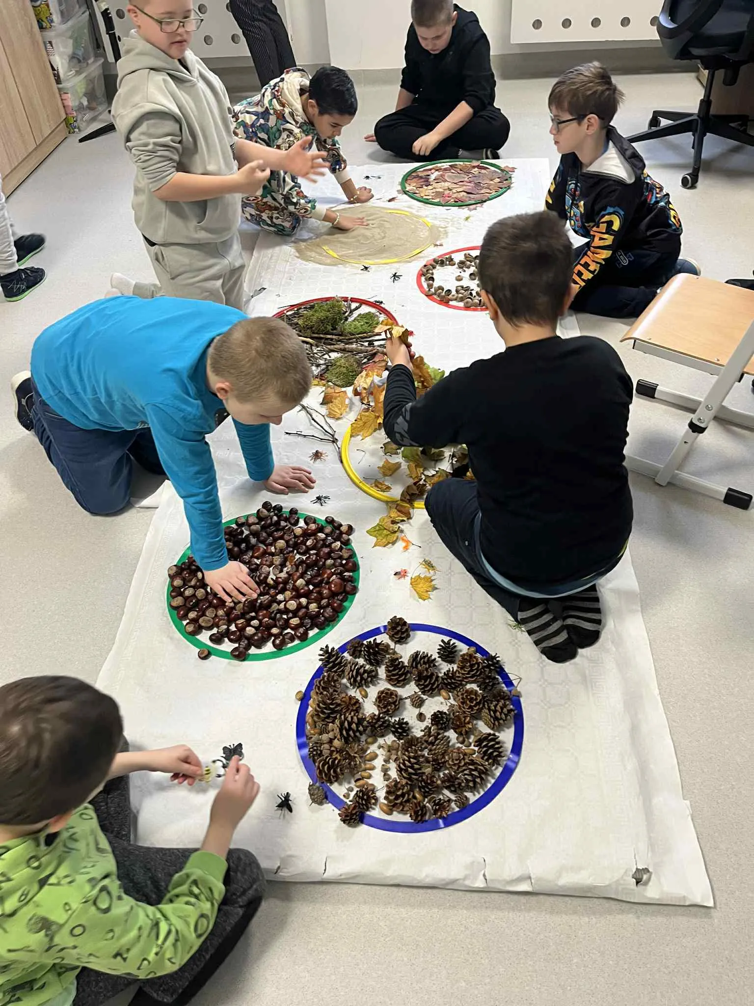 Kilu uczniów siedzi na podłodze w sali lekcyjnej i dotyka i przekłada różne dary natury porozkładane na tacach. Są to: liście , orzechy, kasztany, mech gałęzie.