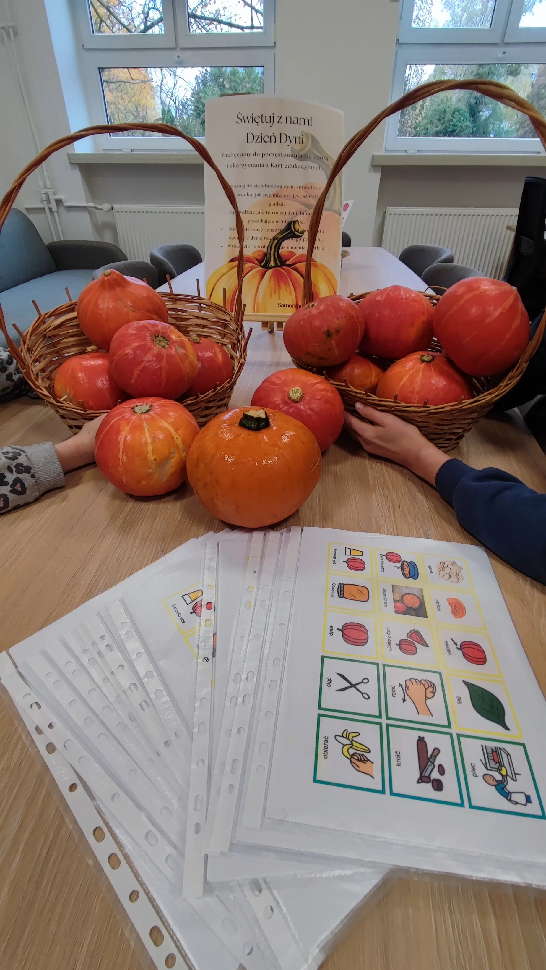 Na zdjęciu widzimy stół , na którym stoją koszyki z dyniami  oraz leżące luzem owoce dyni.  Obok leżą  karty pracy z ćwiczeniami związanymi z tematyką dyni.