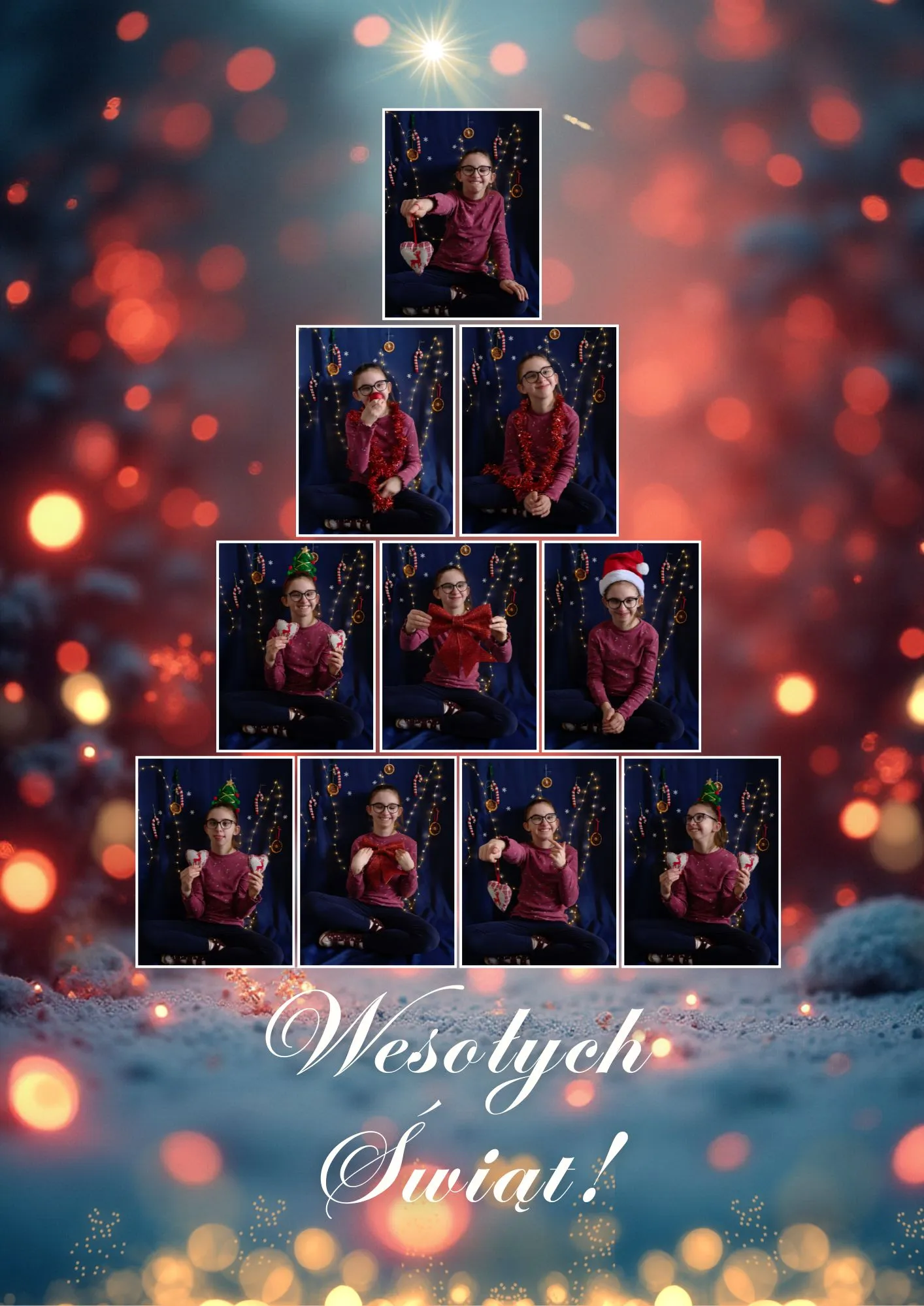 kartka ze zdęciami  jednej z uczennic z kl. 3b Zdjęcia  ułożone są w kształcie choinki otoczonej świątecznymi motywami