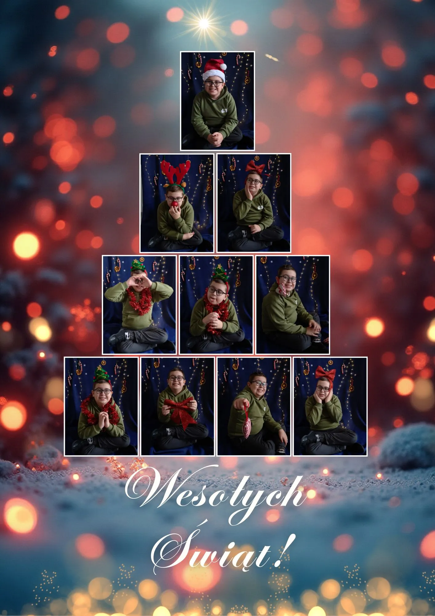 kartka ze zdęciami  jednego z uczniów z kl. 3b Zdjęcia  ułożone są w kształcie choinki otoczonej świątecznymi motywami