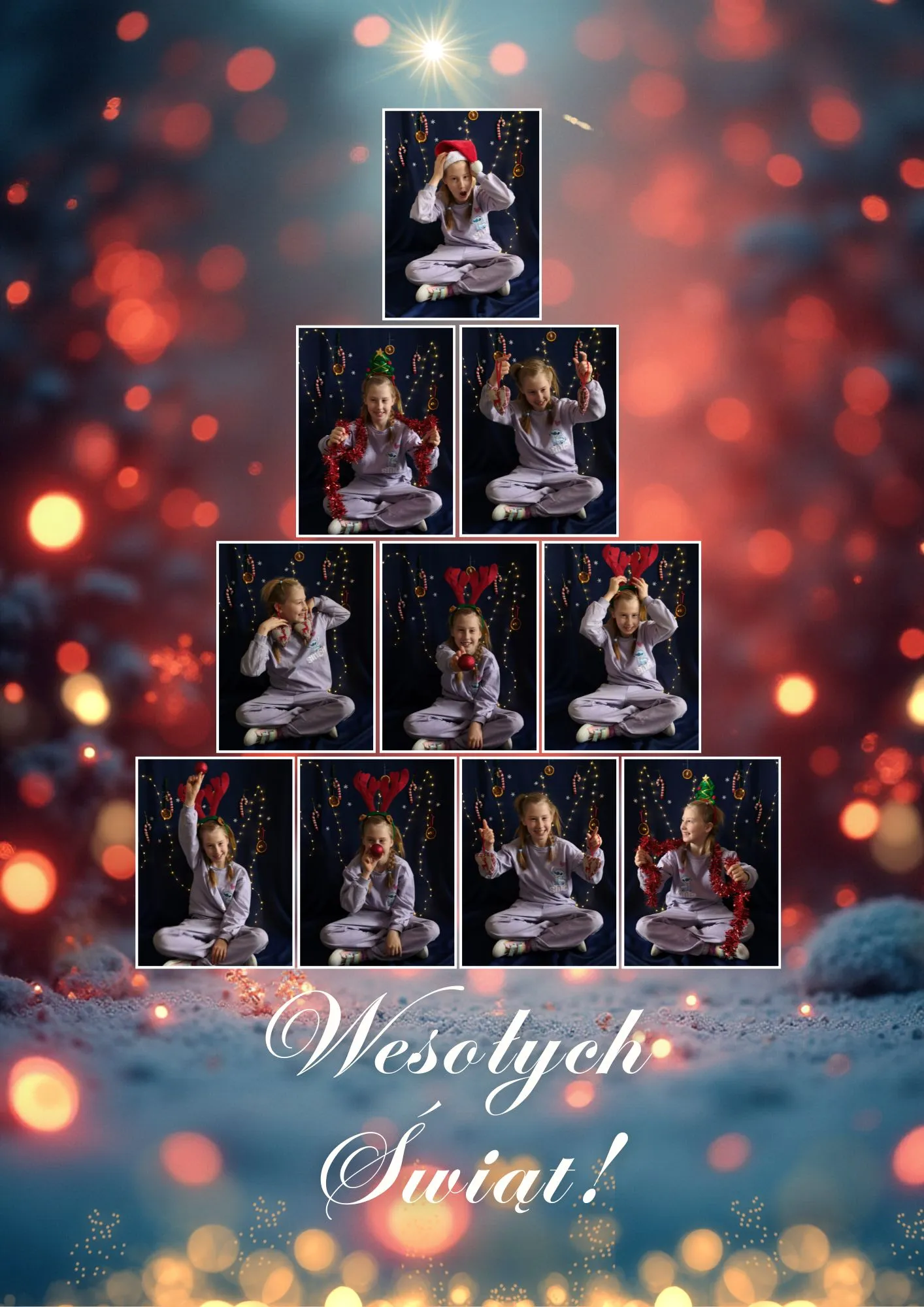 kartka ze zdęciami  jednej  z uczennic z kl. 3b Zdjęcia  ułożone są w kształcie choinki otoczonej świątecznymi motywami.