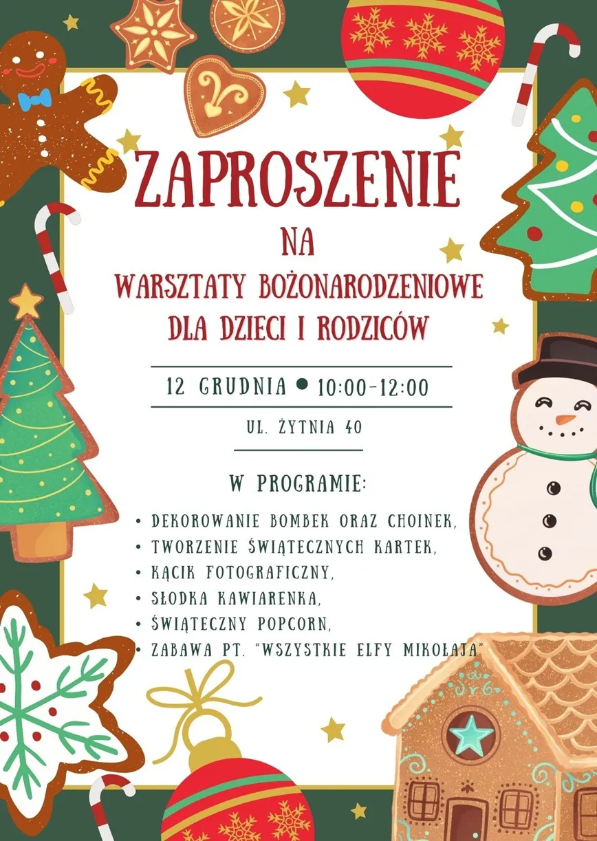 zaproszenie na świąteczne warsztaty bożoinarodzeniowe