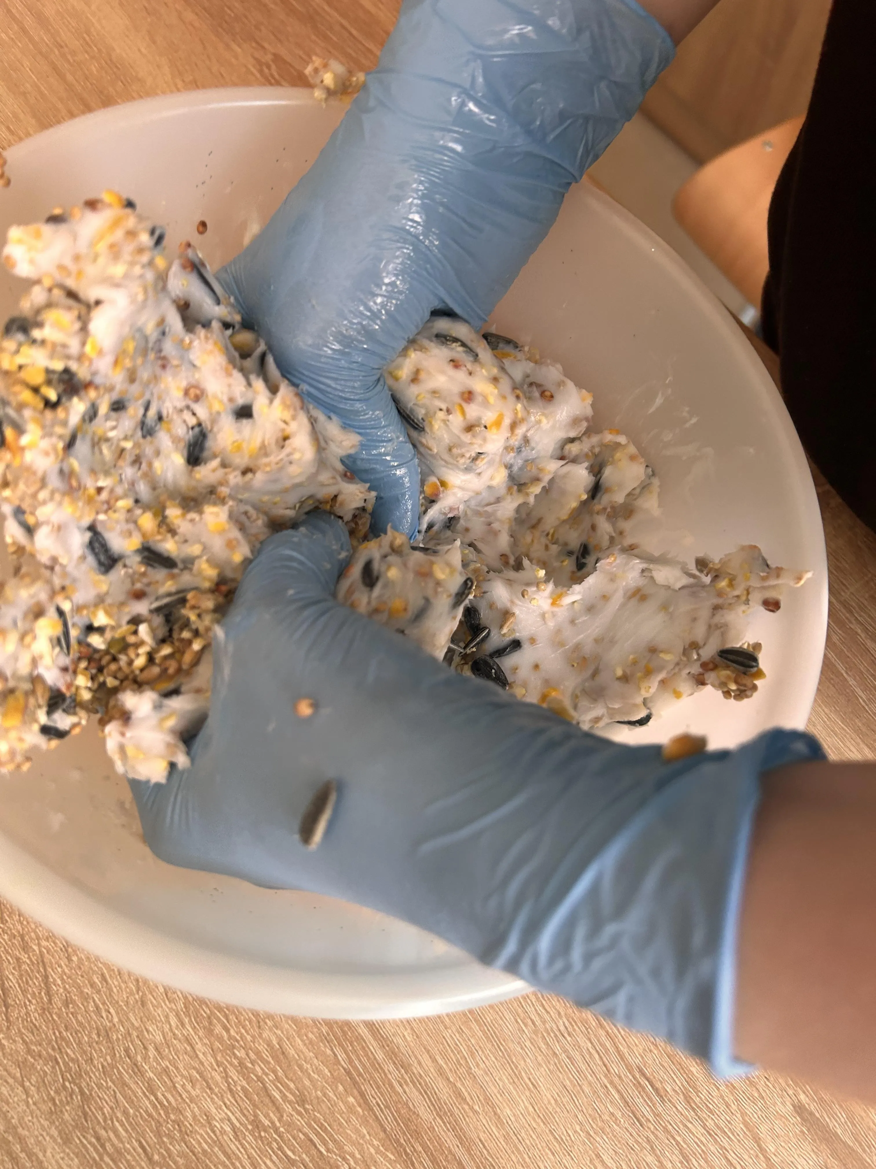 mieszanie w misce składników na kule pokarmowe dla ptaków