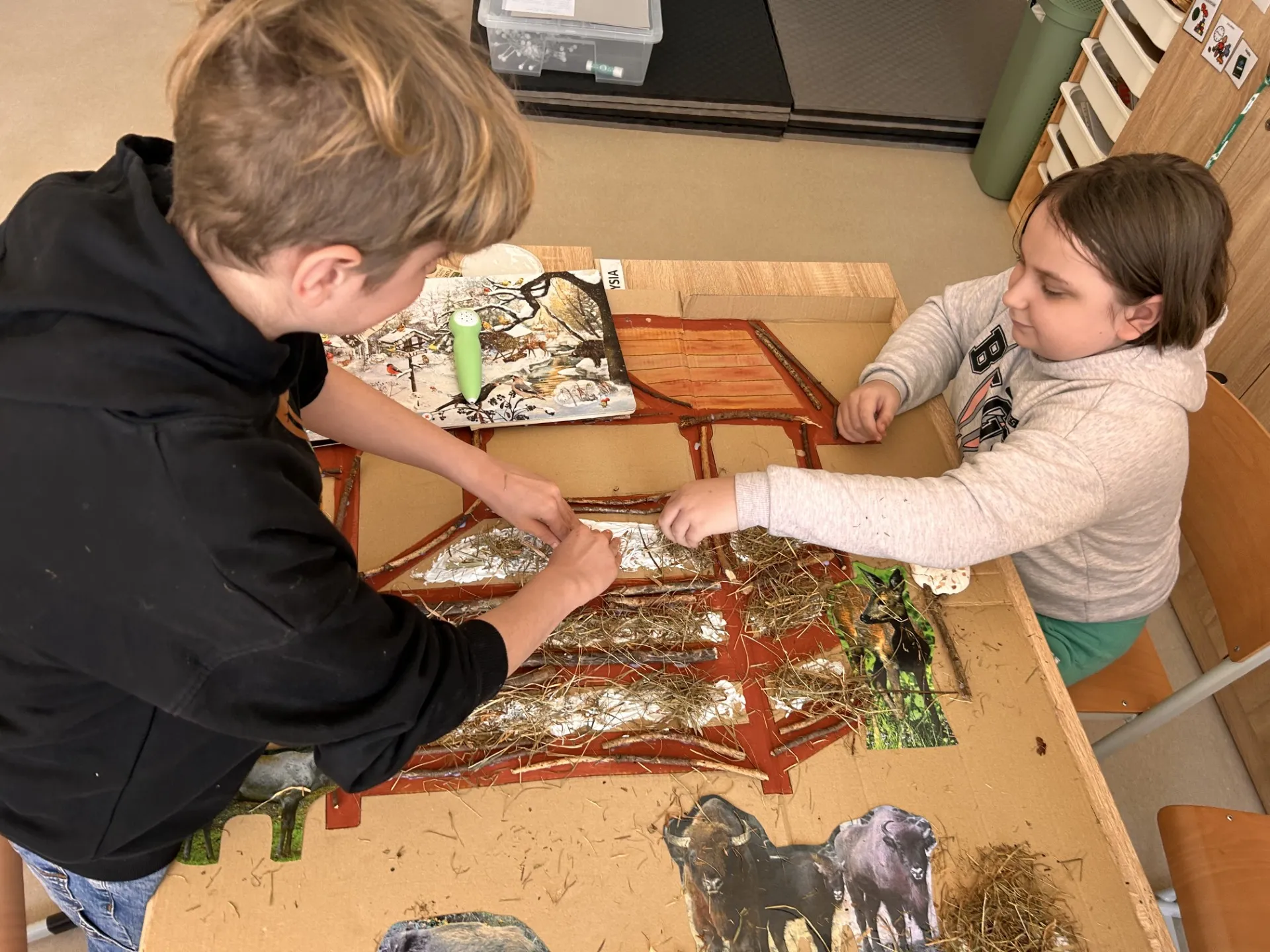 Uczeń z uczennicą przygotowują śnieg do zabawy w wyszukiwanie śladów zwierząt