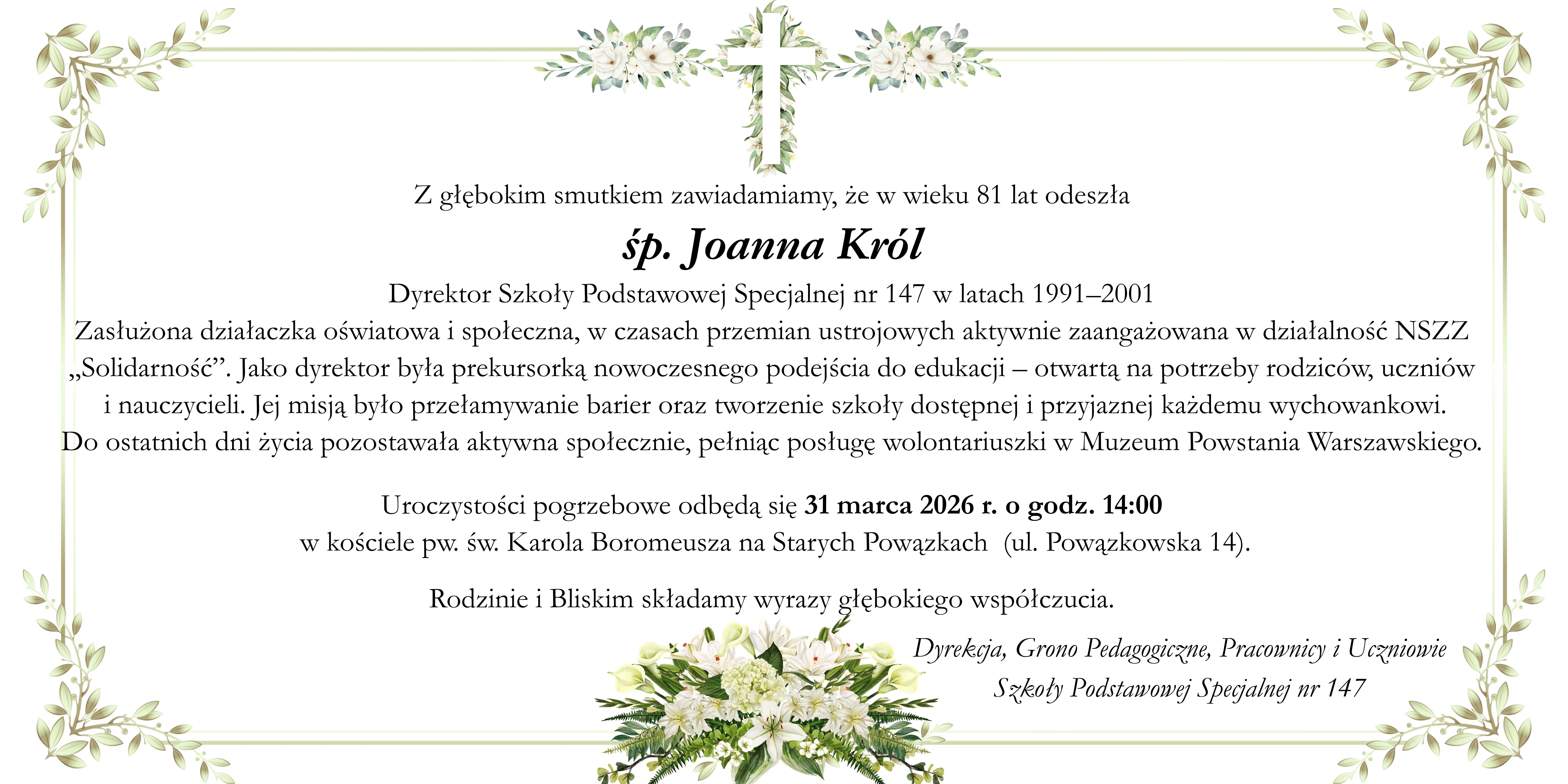 zawiadomienie o pogrzebie ś. p. Marii Król
