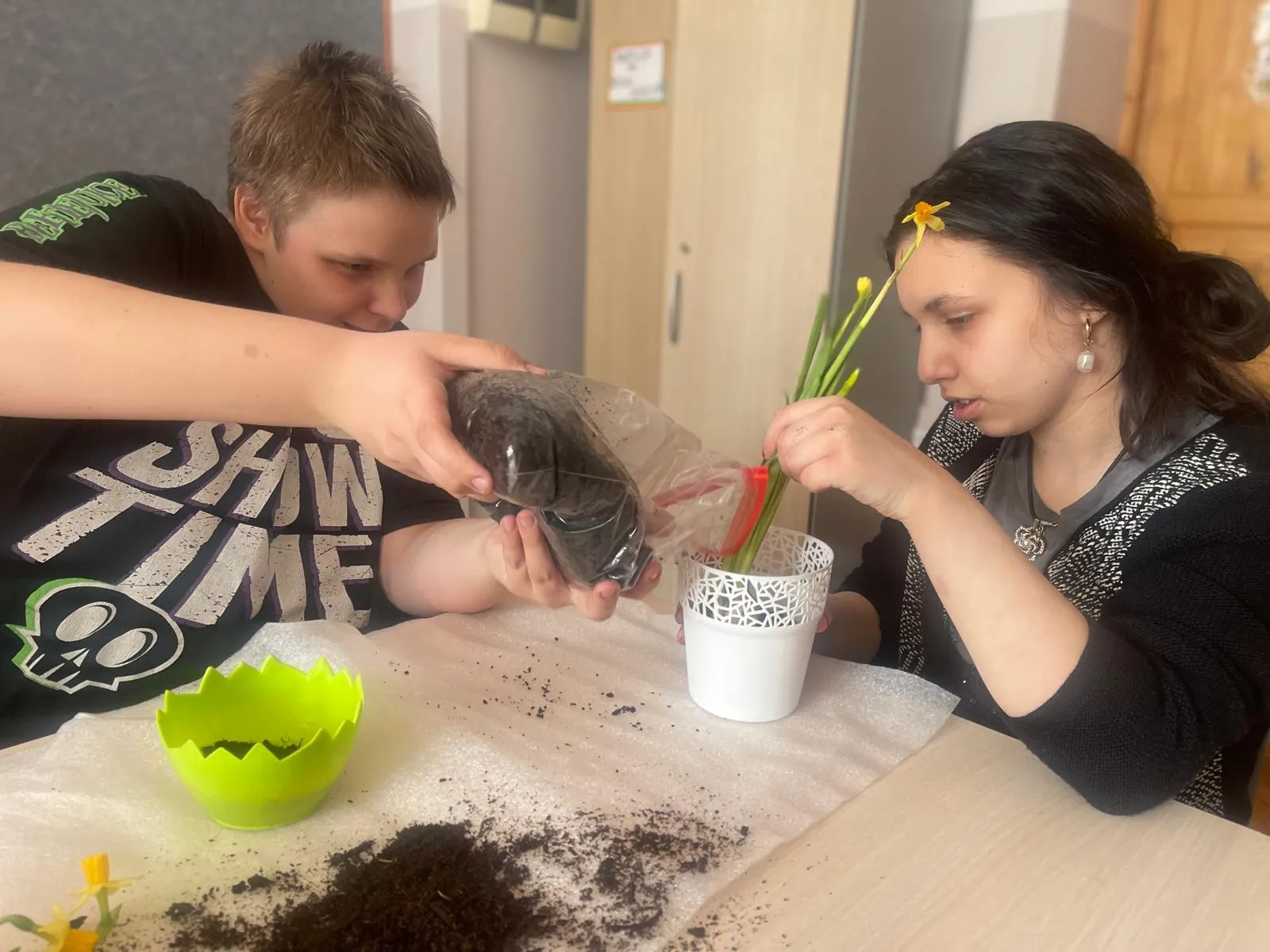 dziewczynka i chłopiec sadzą żonkile