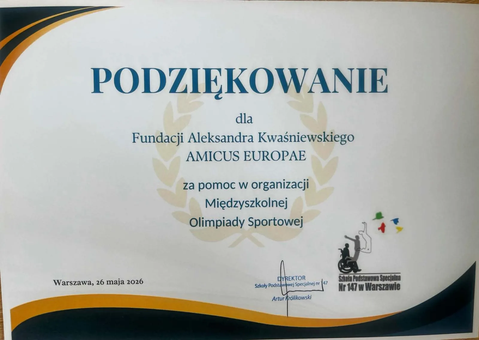 podziekowania za pomoc w organizacji olimpiady sportowej