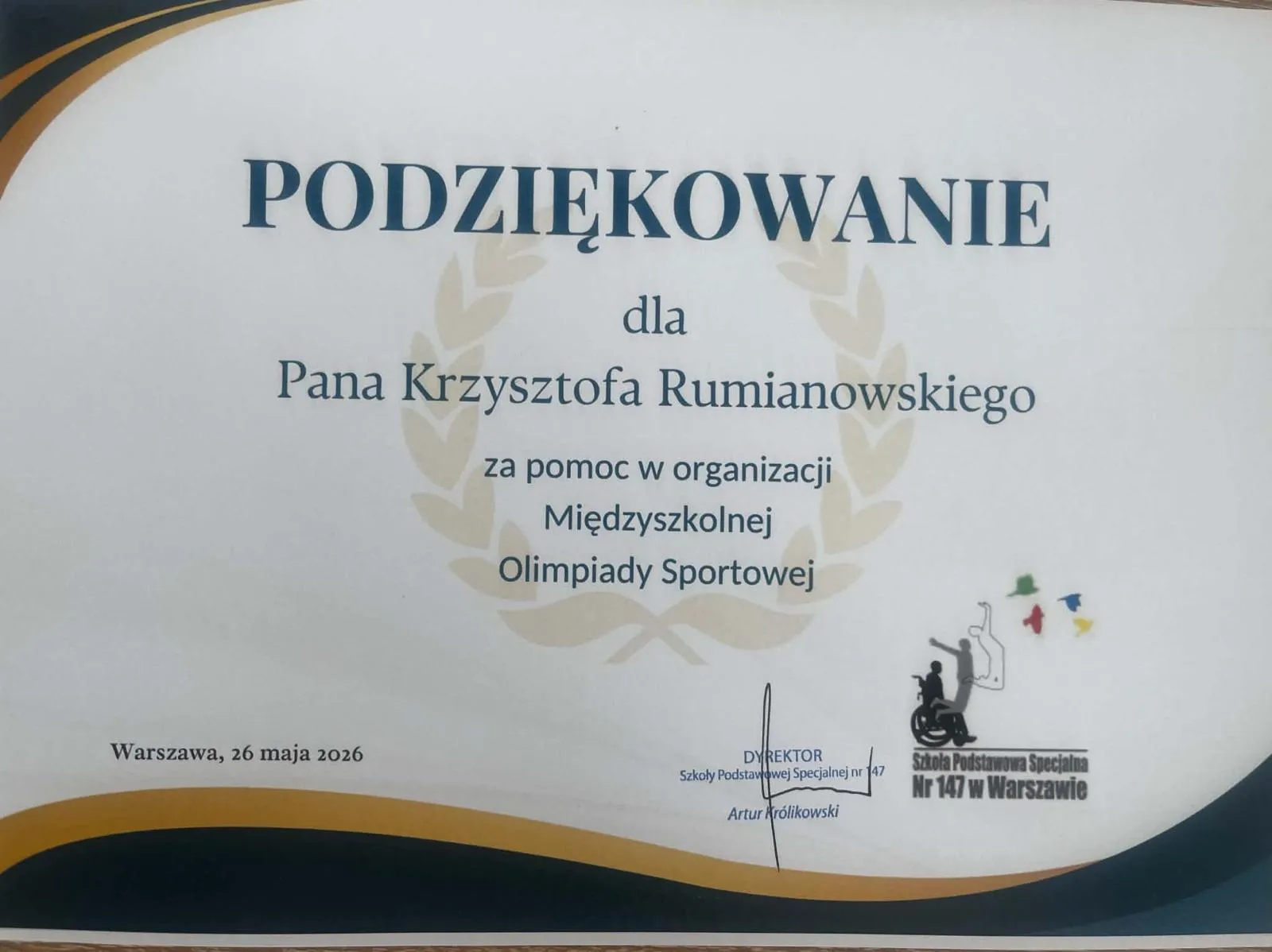 podziekowania za pomoc w organizacji olimpiady sportowej